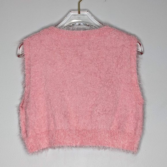 Shein Pink Fuzzy Sleeveless Sweater Mushroom Pattern Crew Neck Size L - Picture 6 of 6